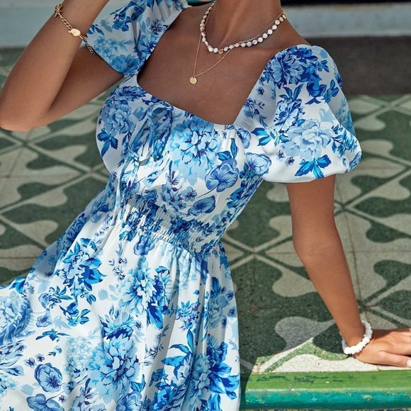 Blue Boho Womens Floral Print Square Neck Puff Sleeve Dress - Picture 5 of 5